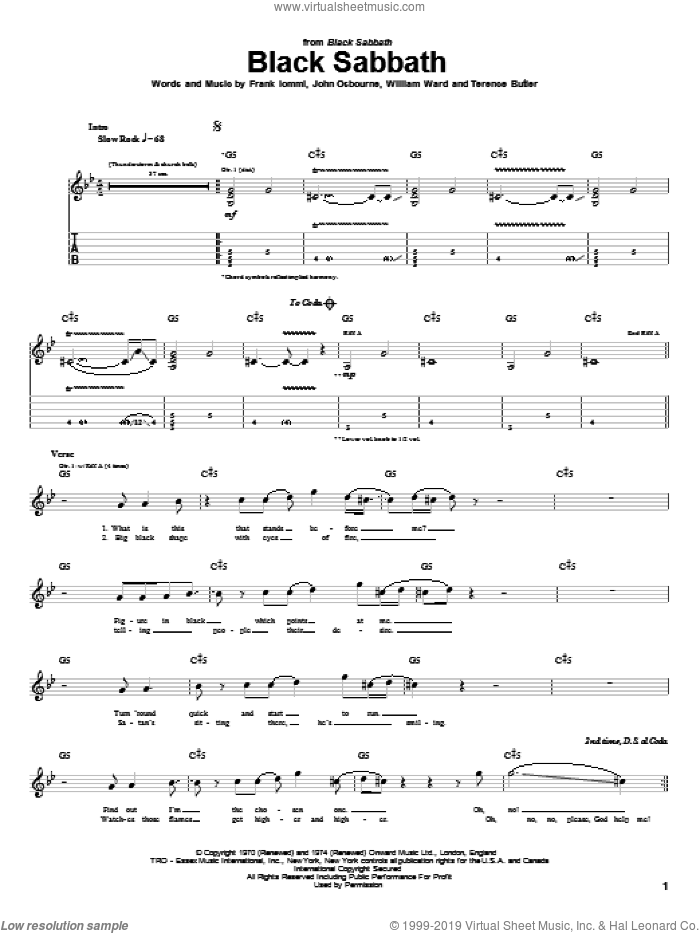 Black Sabbath sheet music for guitar (tablature) by Black Sabbath, Ozzy Osbourne, Frank Iommi, John Osbourne, Terence Butler and William Ward, intermediate skill level