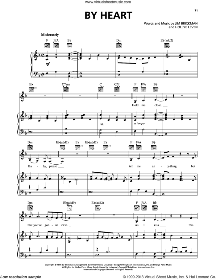 By Heart (feat. Anne Cochran) sheet music for voice, piano or guitar by Jim Brickman and Hollye Leven, intermediate skill level