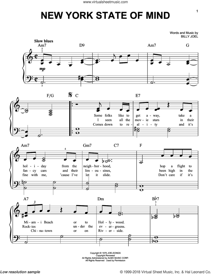 New York State Of Mind sheet music for piano solo by Billy Joel, easy skill level