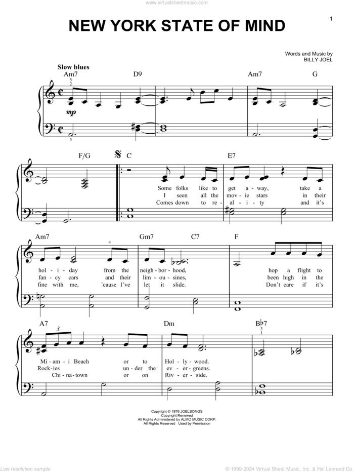 New York State Of Mind, (easy) sheet music for piano solo by Billy Joel, easy skill level