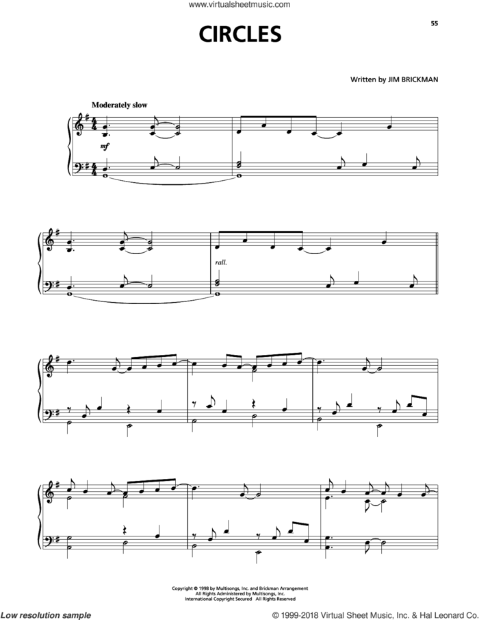 Circles sheet music for piano solo by Jim Brickman, intermediate skill level