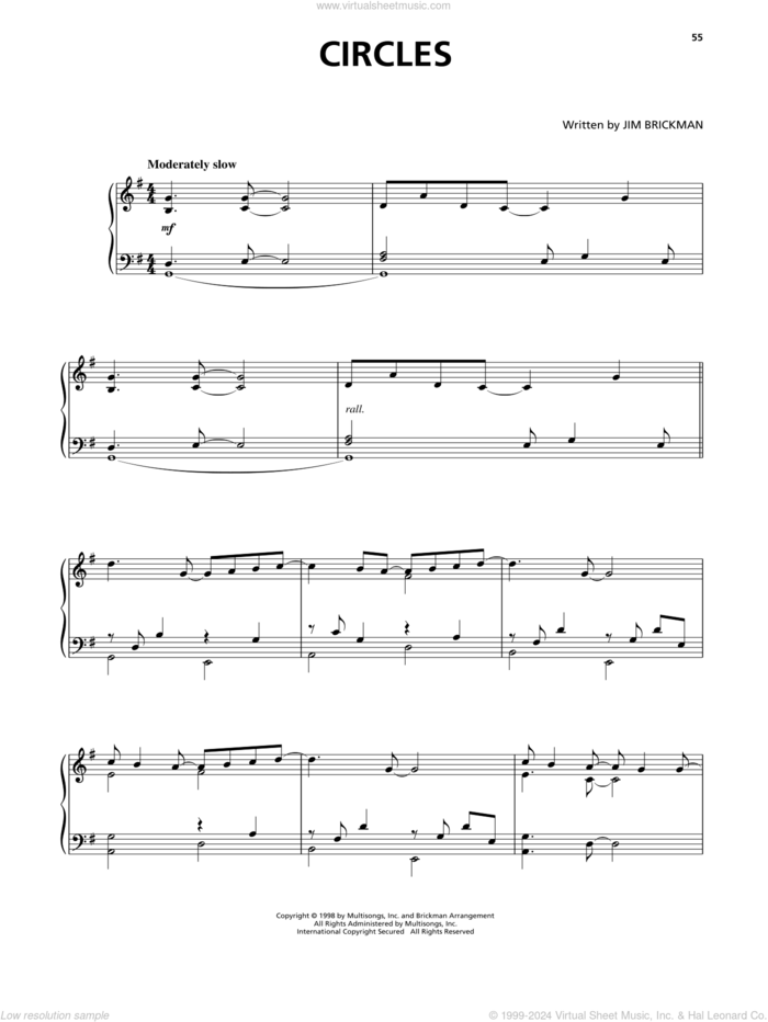 Circles sheet music for piano solo by Jim Brickman, intermediate skill level