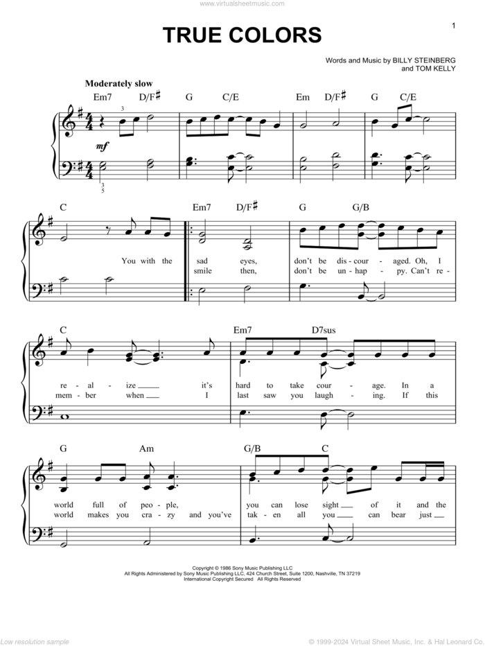 True Colors sheet music for piano solo by Cyndi Lauper, Phil Collins, Billy Steinberg and Tom Kelly, easy skill level