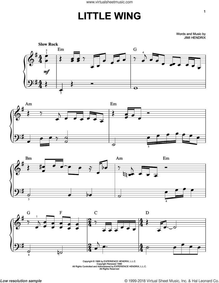 Little Wing sheet music for piano solo by Jimi Hendrix, easy skill level