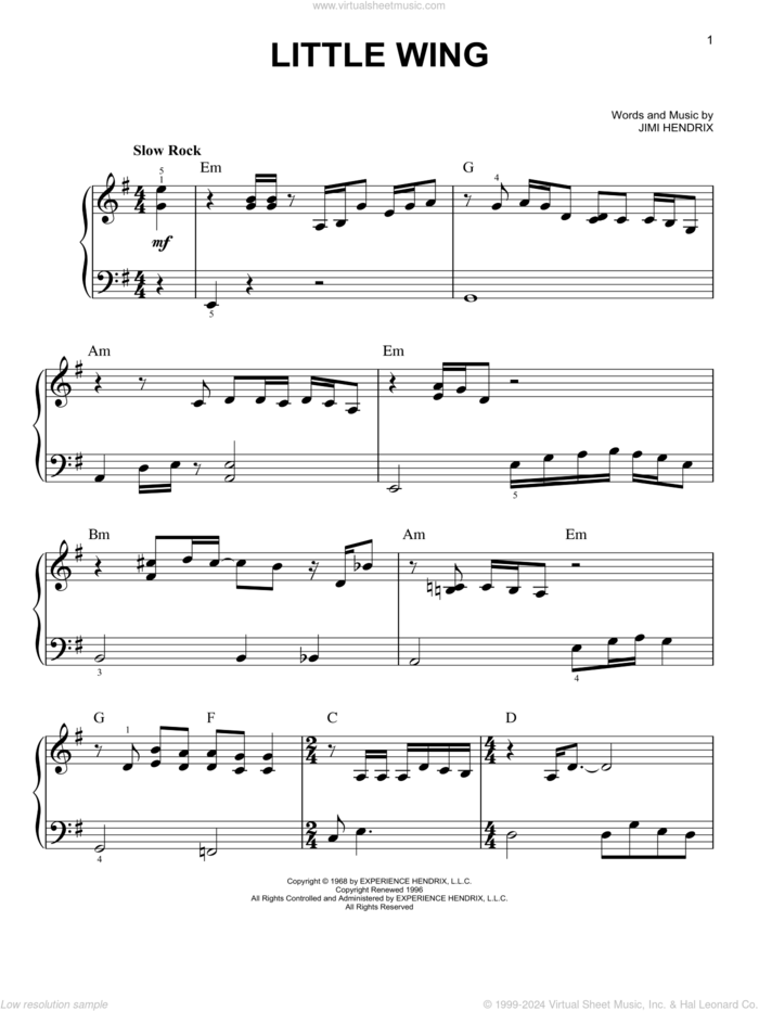 Little Wing sheet music for piano solo by Jimi Hendrix, easy skill level