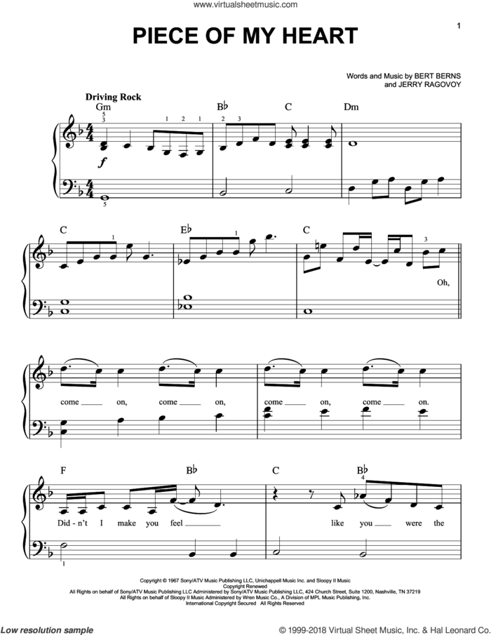 Piece Of My Heart sheet music for piano solo by Janis Joplin, Bert Berns and Jerry Ragovoy, easy skill level