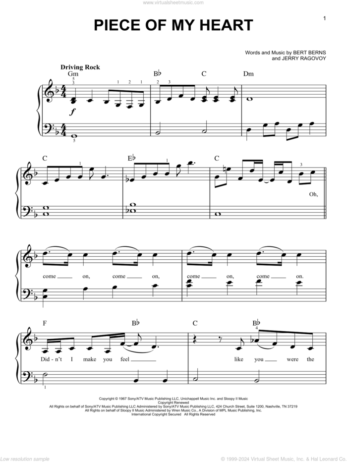 Piece Of My Heart sheet music for piano solo by Janis Joplin, Bert Berns and Jerry Ragovoy, easy skill level