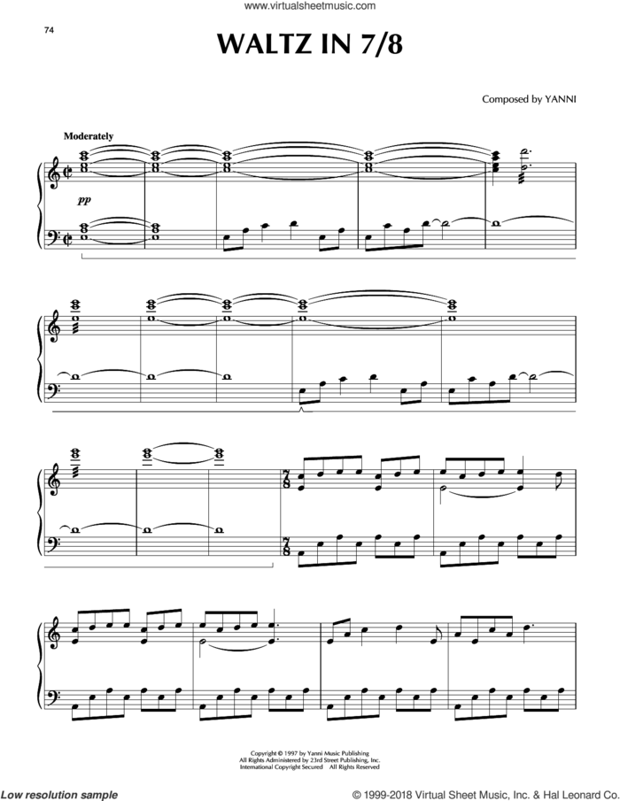 Waltz in 7/8 sheet music for piano solo by Yanni, intermediate skill level