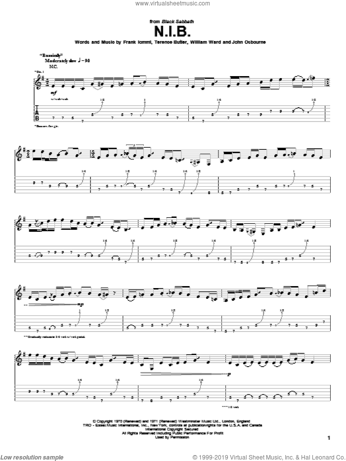 N.I.B. sheet music for guitar (tablature) by Black Sabbath, Ozzy Osbourne, Frank Iommi, John Osbourne, Terence Butler and William Ward, intermediate skill level