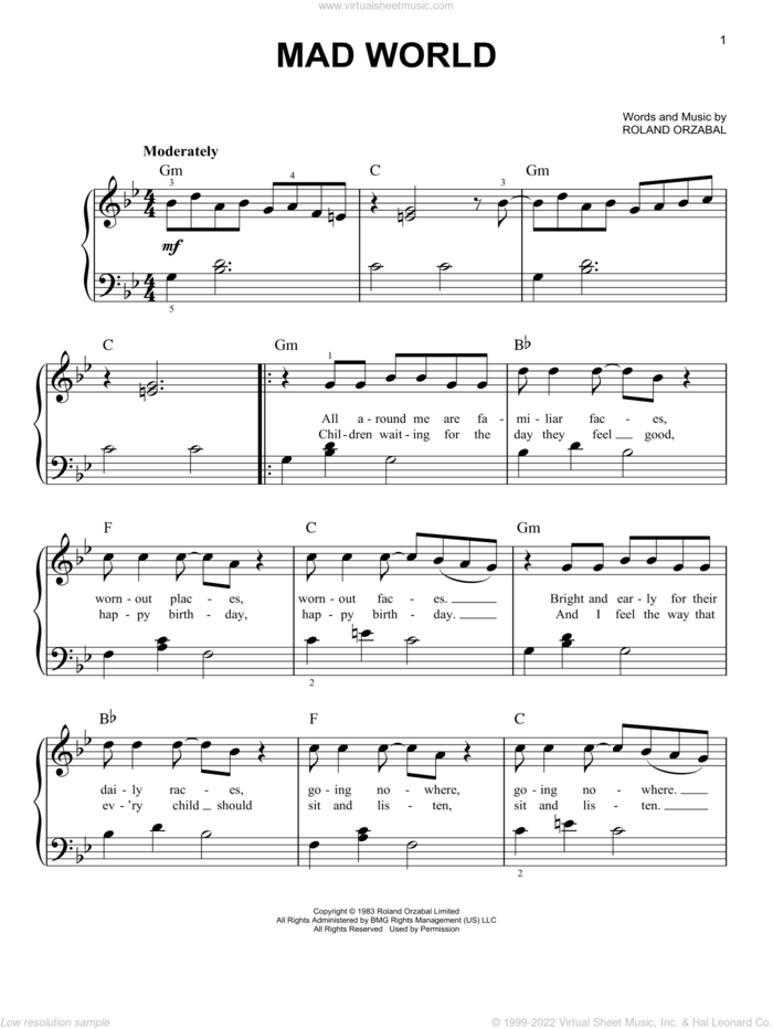 Mad World sheet music for piano solo by Tears For Fears and Roland Orzabal, easy skill level
