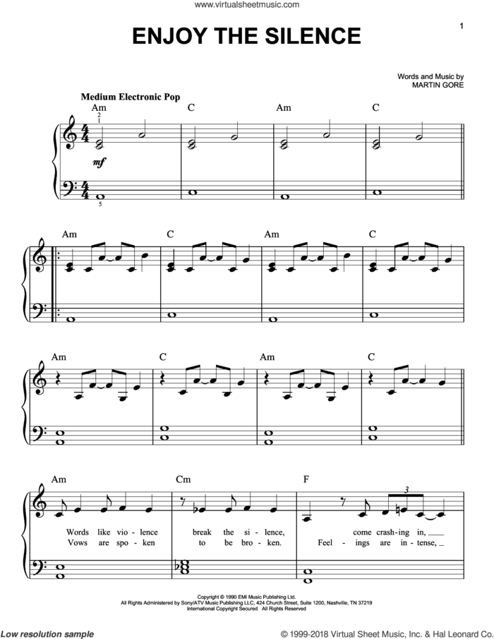 Enjoy The Silence sheet music for piano solo by Depeche Mode and Martin Gore, easy skill level