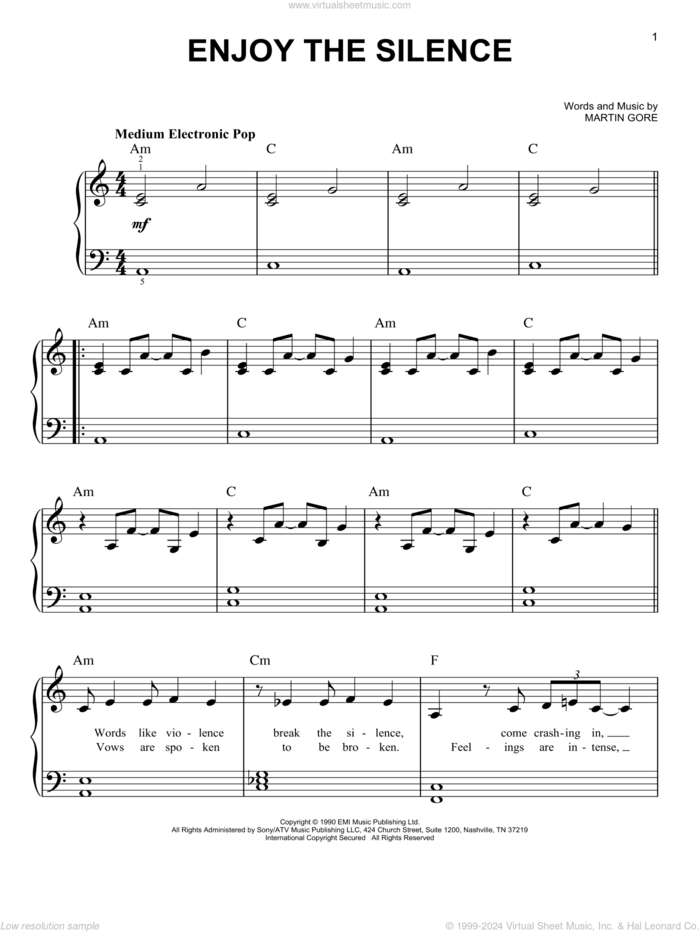 Enjoy The Silence sheet music for piano solo by Depeche Mode and Martin Gore, easy skill level