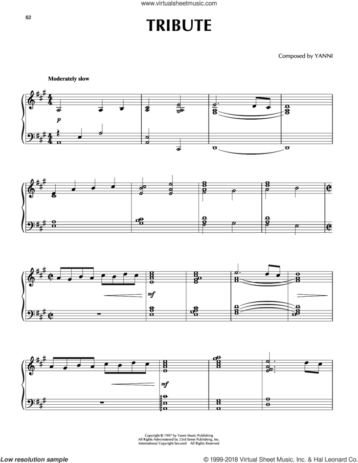 Tribute sheet music for piano solo by Yanni, intermediate skill level