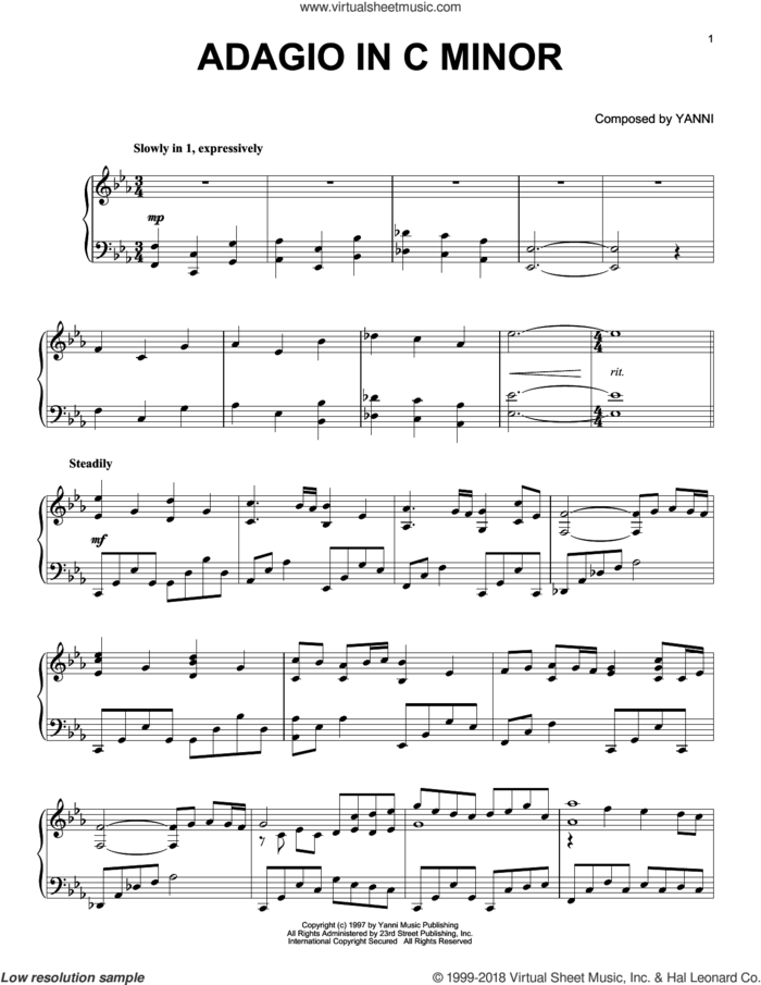 Adagio In C Minor sheet music for piano solo by Yanni, intermediate skill level