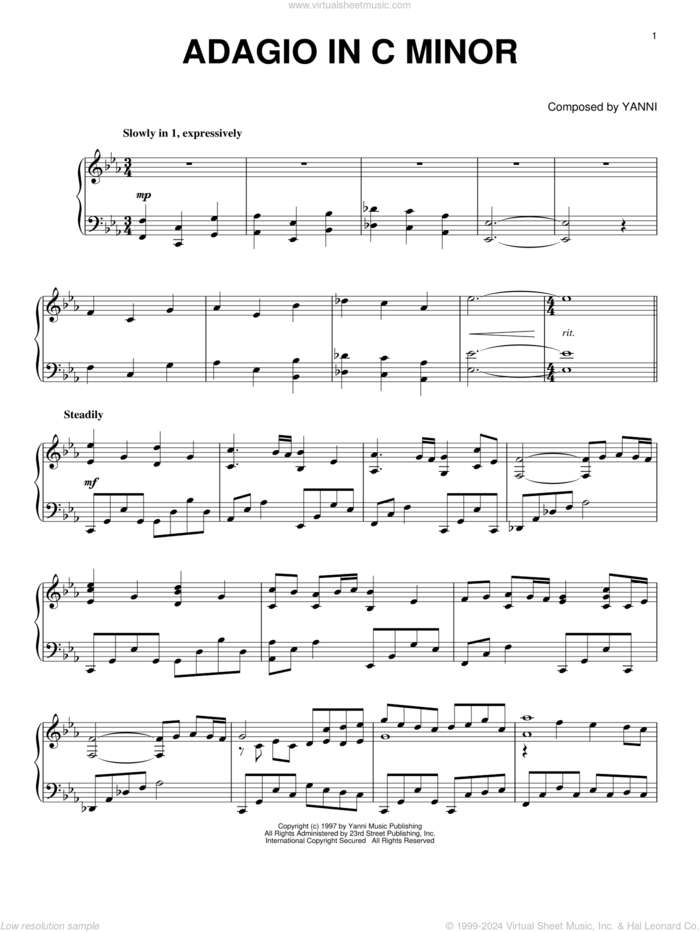 Adagio In C Minor sheet music for piano solo by Yanni, intermediate skill level