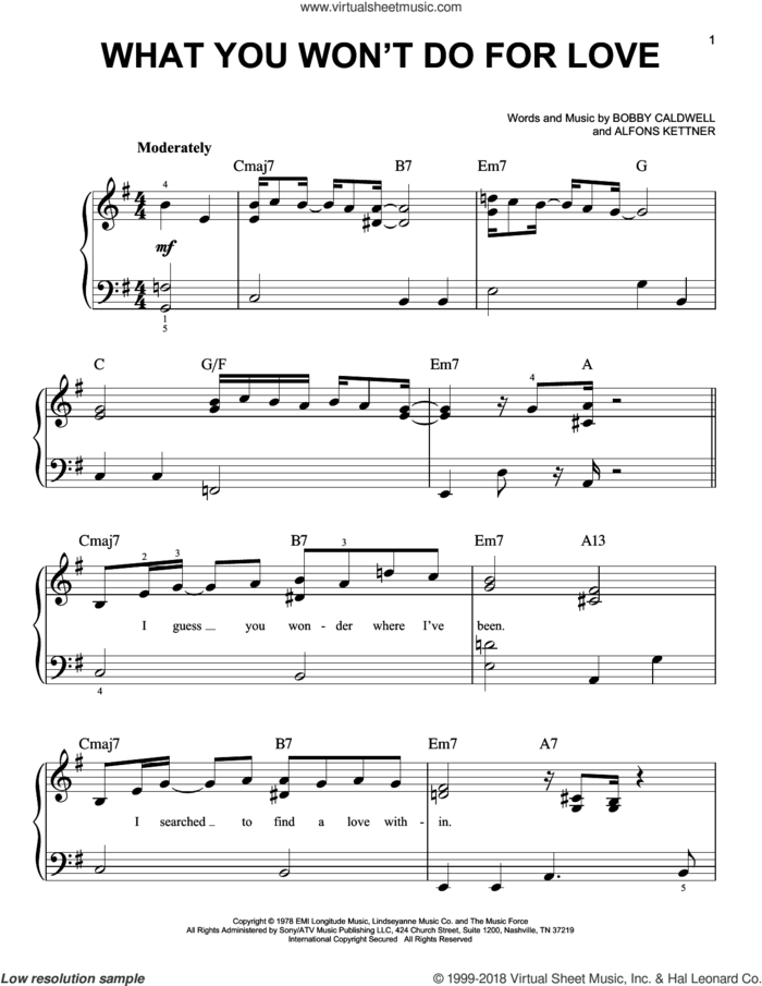 What You Won't Do For Love sheet music for piano solo by Bobby Caldwell, easy skill level