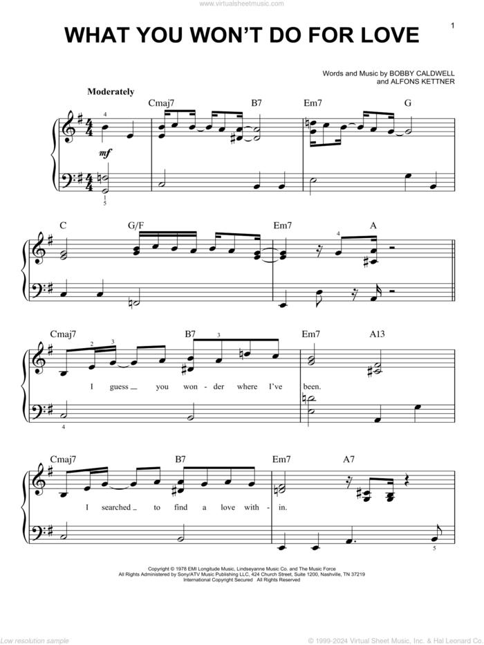 What You Won't Do For Love sheet music for piano solo by Bobby Caldwell, easy skill level