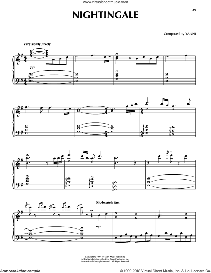 Nightingale sheet music for piano solo by Yanni, intermediate skill level