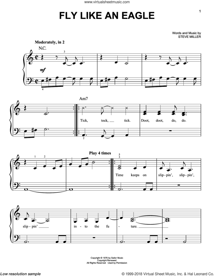 Fly Like An Eagle sheet music for piano solo by Steve Miller Band, easy skill level