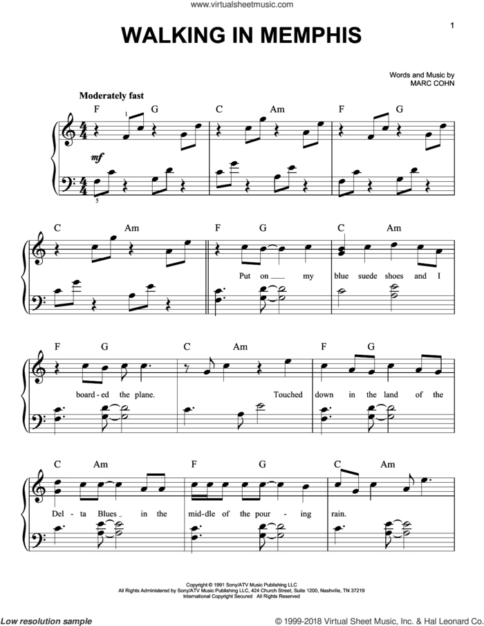 Walking In Memphis sheet music for piano solo by Marc Cohn, easy skill level
