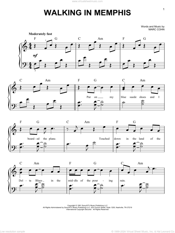 Walking In Memphis sheet music for piano solo by Marc Cohn, easy skill level