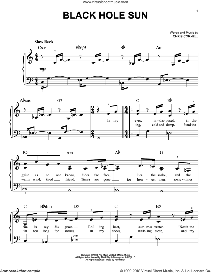 Black Hole Sun sheet music for piano solo by Soundgarden and Chris Cornell, easy skill level