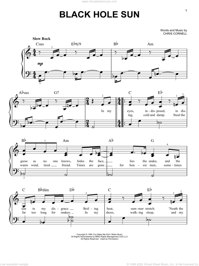 Black Hole Sun sheet music for piano solo by Soundgarden and Chris Cornell, easy skill level