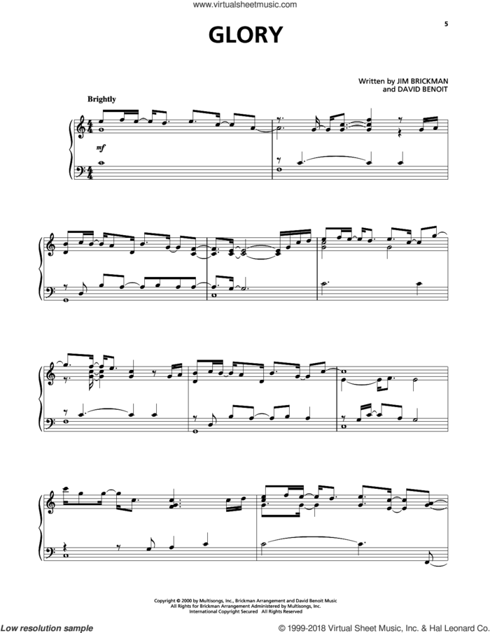Glory sheet music for piano solo by Jim Brickman, intermediate skill level