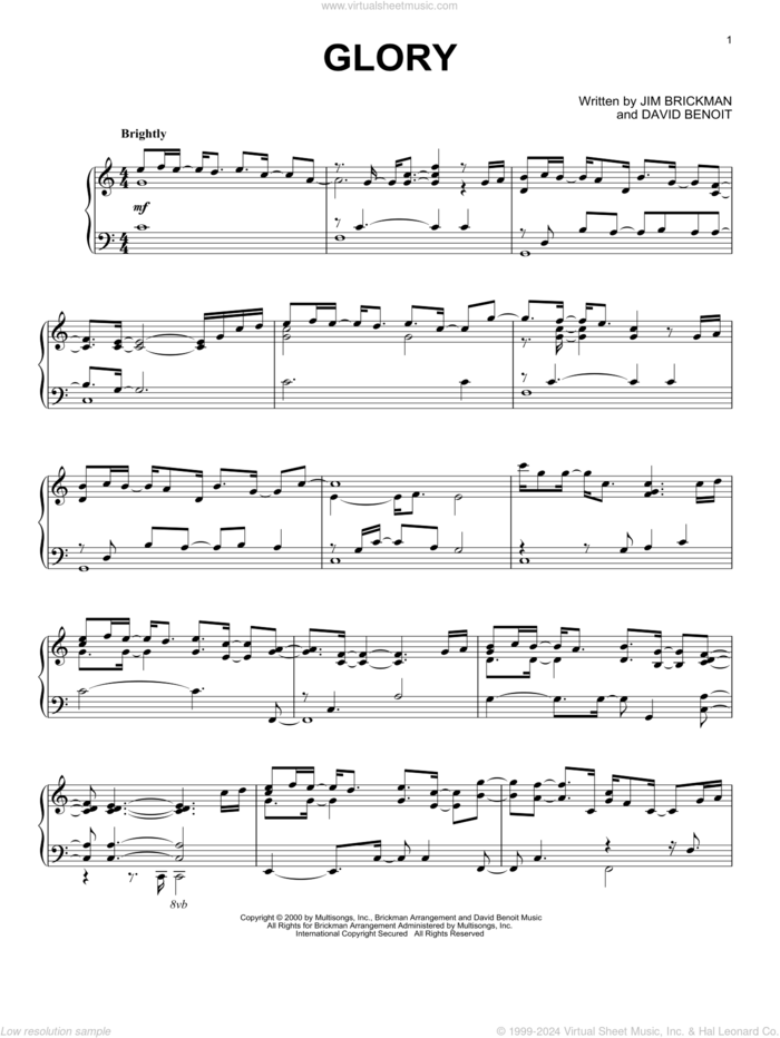 Glory sheet music for piano solo by Jim Brickman, intermediate skill level