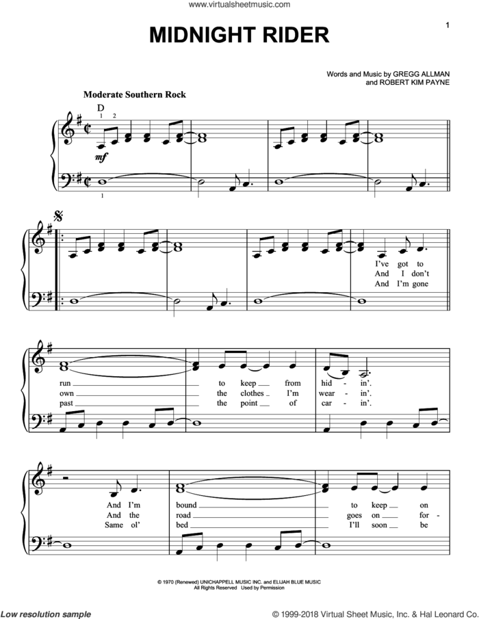 Midnight Rider sheet music for piano solo by The Allman Brothers Band, Gregg Allman and Robert Kim Payne, easy skill level