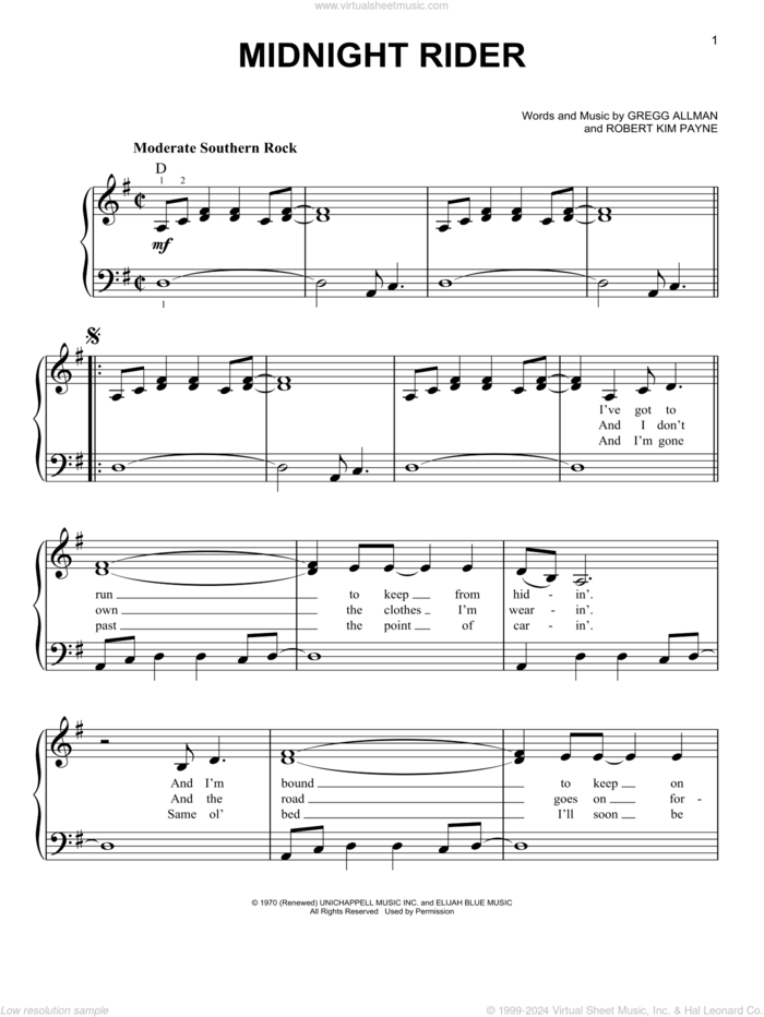 Midnight Rider sheet music for piano solo by The Allman Brothers Band, Gregg Allman and Robert Kim Payne, easy skill level