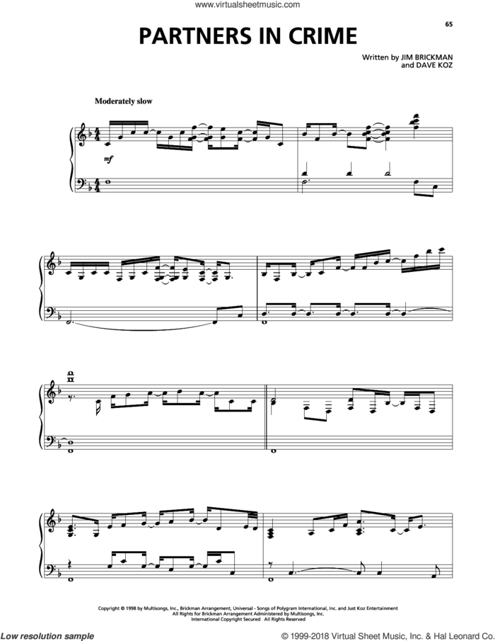 Partners In Crime sheet music for piano solo by Jim Brickman, intermediate skill level