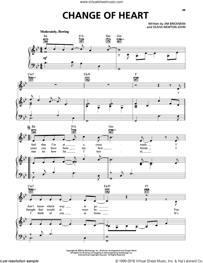 Change Of Heart (feat. Olivia Newton-John) sheet music for voice, piano or guitar by Jim Brickman and Olivia Newton-John, intermediate skill level
