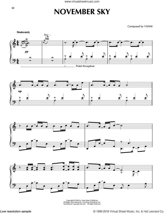 November Sky sheet music for piano solo by Yanni, intermediate skill level
