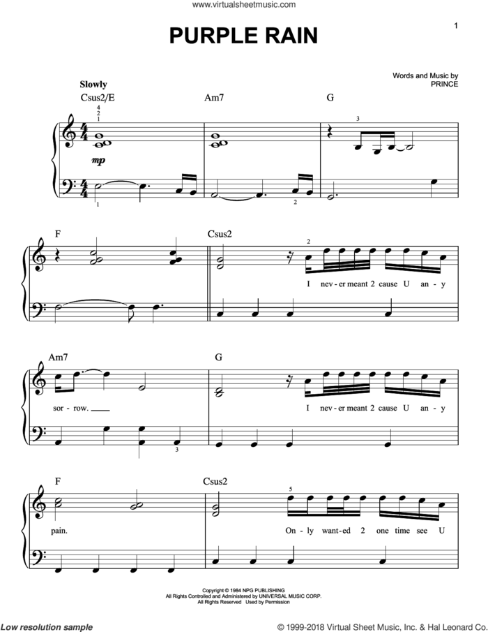 Purple Rain sheet music for piano solo by Prince, easy skill level