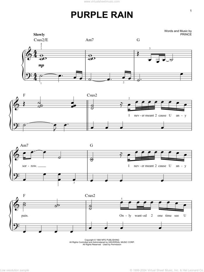 Purple Rain sheet music for piano solo by Prince, easy skill level