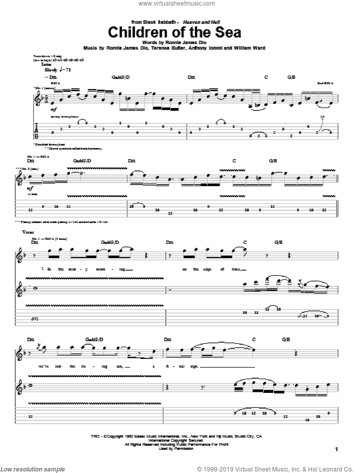 Children Of The Sea sheet music for guitar (tablature) by Black Sabbath, Dio, Anthony Iommi, Ronnie James Dio, Terence Butler and William Ward, intermediate skill level