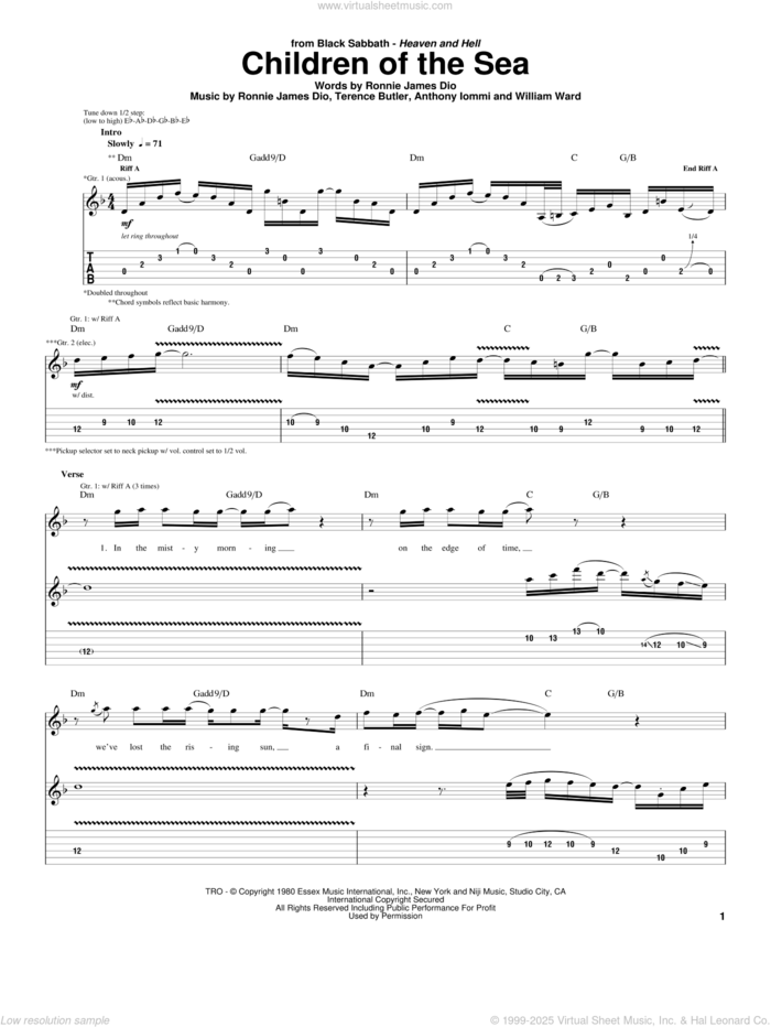 Children Of The Sea sheet music for guitar (tablature) by Black Sabbath, Dio, Anthony Iommi, Ronnie James Dio, Terence Butler and William Ward, intermediate skill level