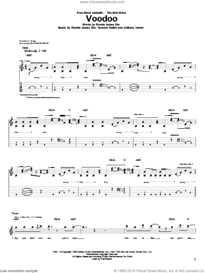 Voodoo sheet music for guitar (tablature) by Black Sabbath, Dio, Anthony Iommi, Ronnie James Dio and Terence Butler, intermediate skill level