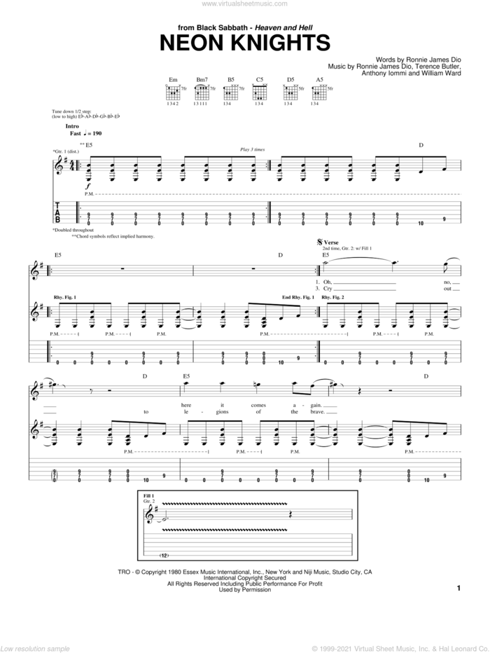 Neon Knights sheet music for guitar (tablature) by Black Sabbath, Dio, Anthony Iommi, Ronnie James Dio, Terence Butler and William Ward, intermediate skill level