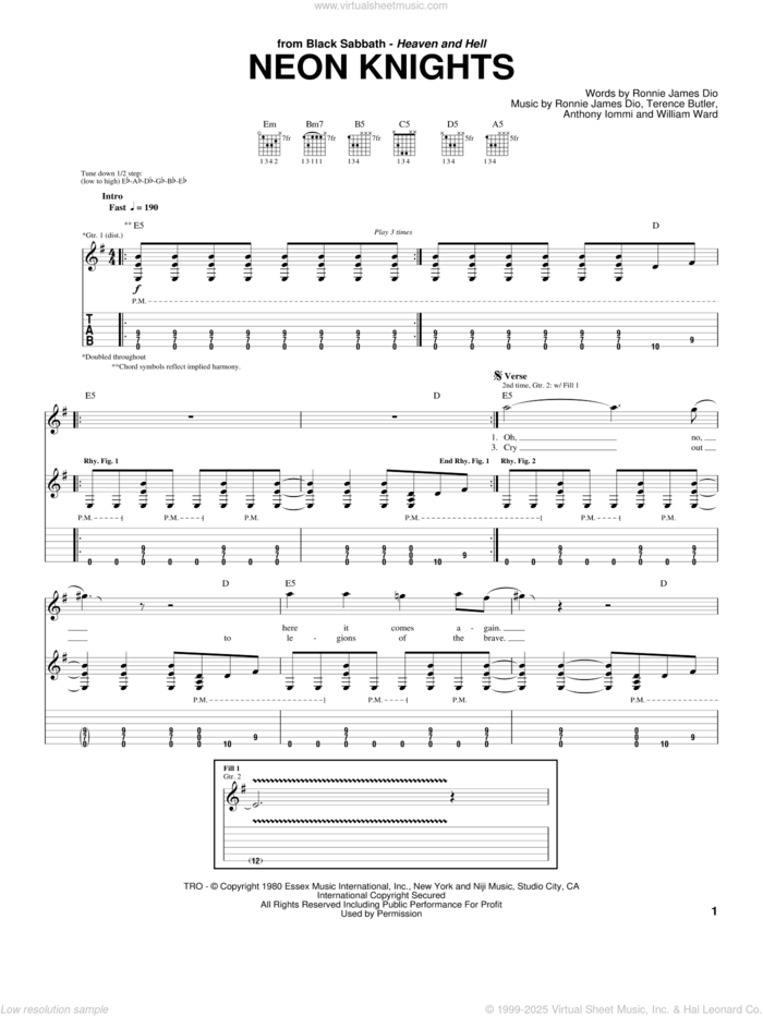 Neon Knights sheet music for guitar (tablature) by Black Sabbath, Dio, Anthony Iommi, Ronnie James Dio, Terence Butler and William Ward, intermediate skill level