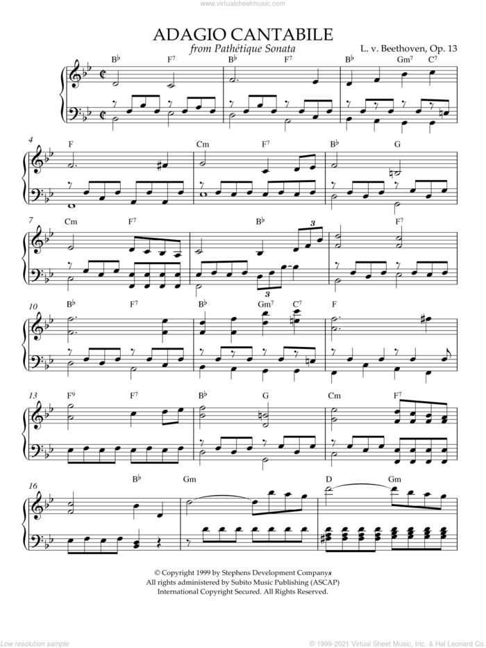 Adagio Cantabile, Op. 13 sheet music for piano solo by Ludwig van Beethoven, intermediate skill level