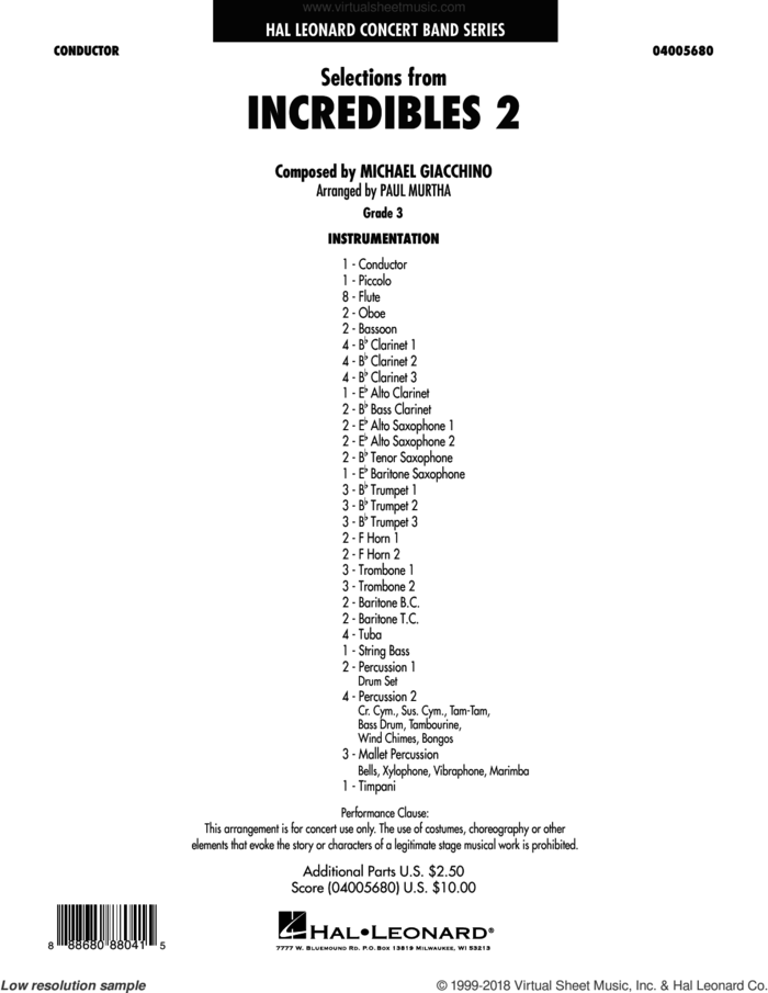 Selections from Incredibles 2 (arr. Paul Murtha) (COMPLETE) sheet music for concert band by Paul Murtha and Michael Giacchino, intermediate skill level