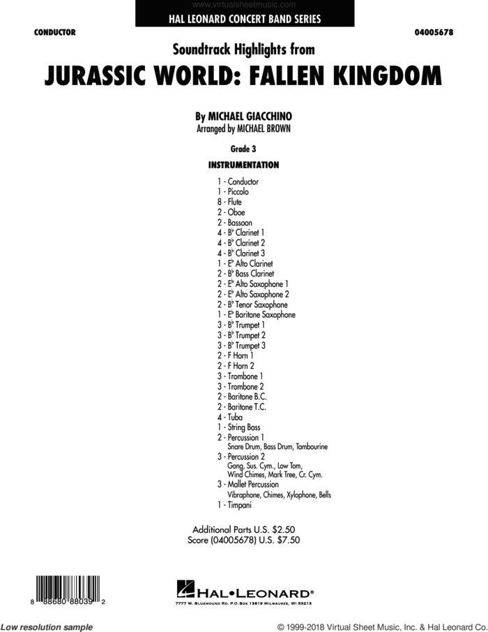 Highlights from Jurassic World: Fallen Kingdom (arr. Michael Brown) (COMPLETE) sheet music for concert band by Michael Brown and Michael Giacchino, classical score, intermediate skill level