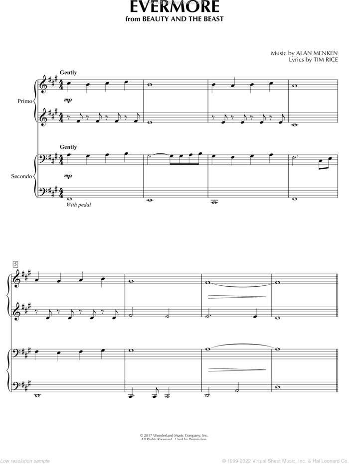 Evermore (from Beauty and the Beast) sheet music for piano four hands by Alan Menken, Josh Groban and Tim Rice, intermediate skill level