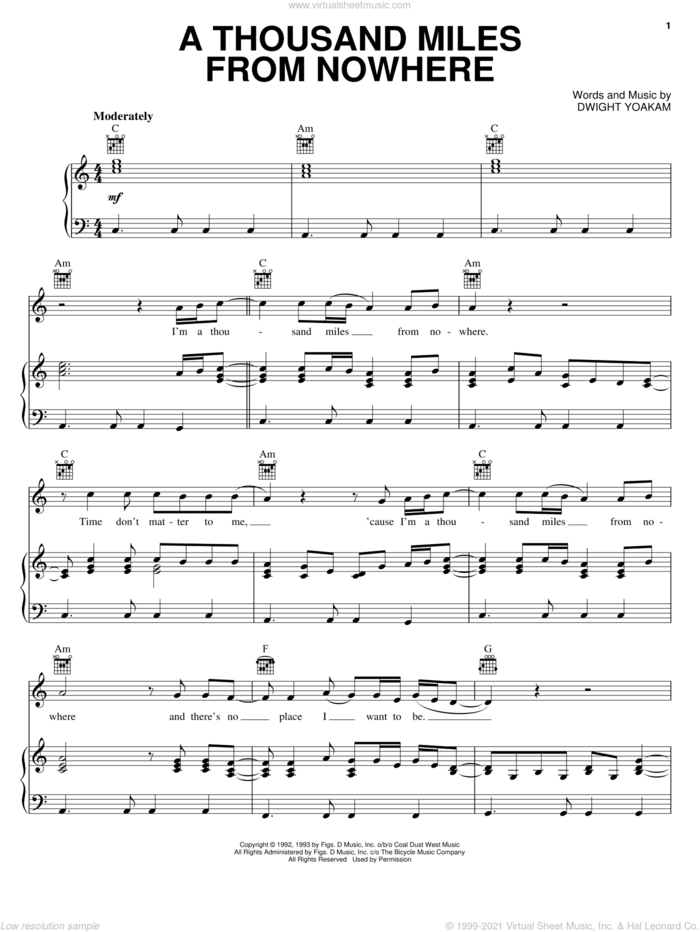 A Thousand Miles From Nowhere sheet music for voice, piano or guitar by Dwight Yoakam, intermediate skill level