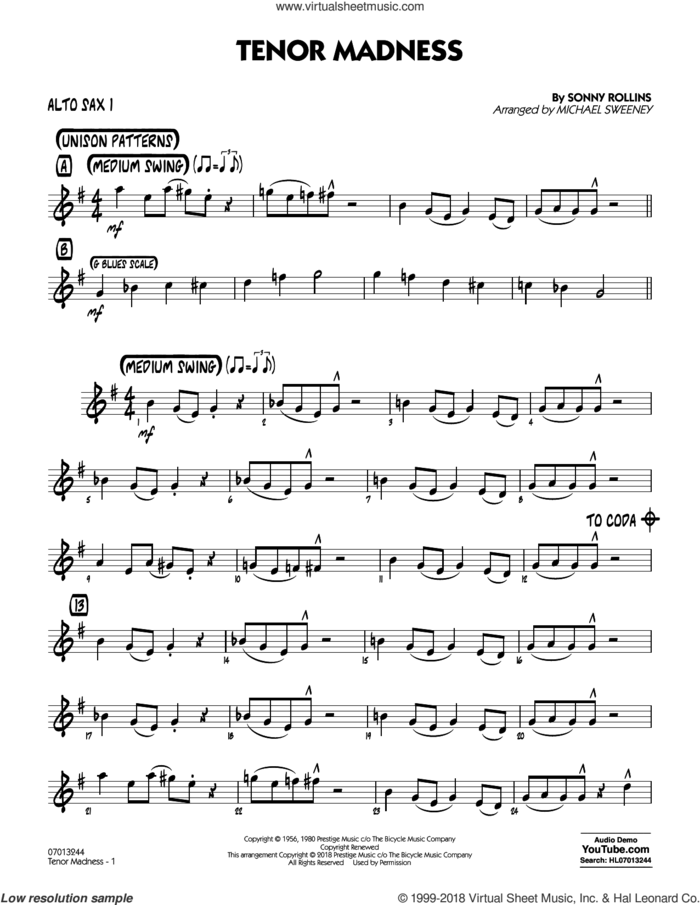 Tenor Madness  (arr. Michael Sweeney) sheet music for jazz band (alto sax 1) by Sonny Rollins, intermediate skill level