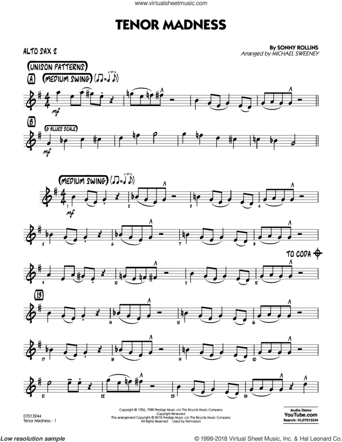 Tenor Madness  (arr. Michael Sweeney) sheet music for jazz band (alto sax 2) by Sonny Rollins, intermediate skill level