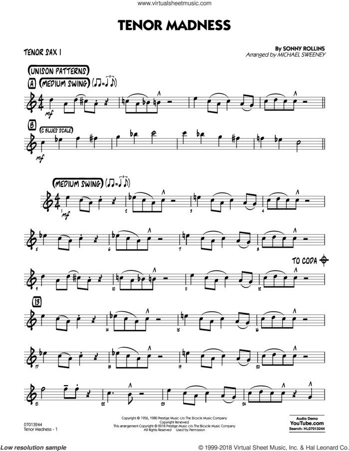 Tenor Madness  (arr. Michael Sweeney) sheet music for jazz band (tenor sax 1) by Sonny Rollins, intermediate skill level
