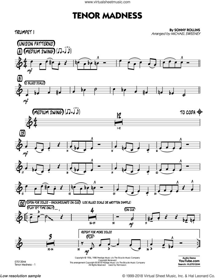 Tenor Madness  (arr. Michael Sweeney) sheet music for jazz band (trumpet 1) by Sonny Rollins, intermediate skill level